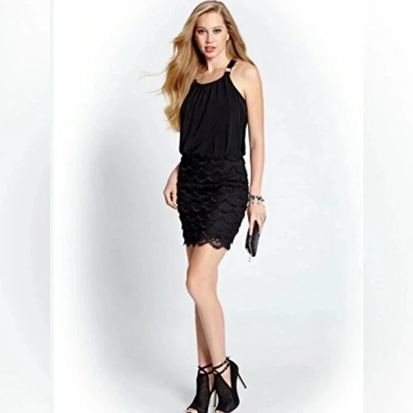 Guess Women’s Janey Mini Halter Top Lace Bottom Little Black Dress‎ Size 8 NWT - Picture 1 of 12
